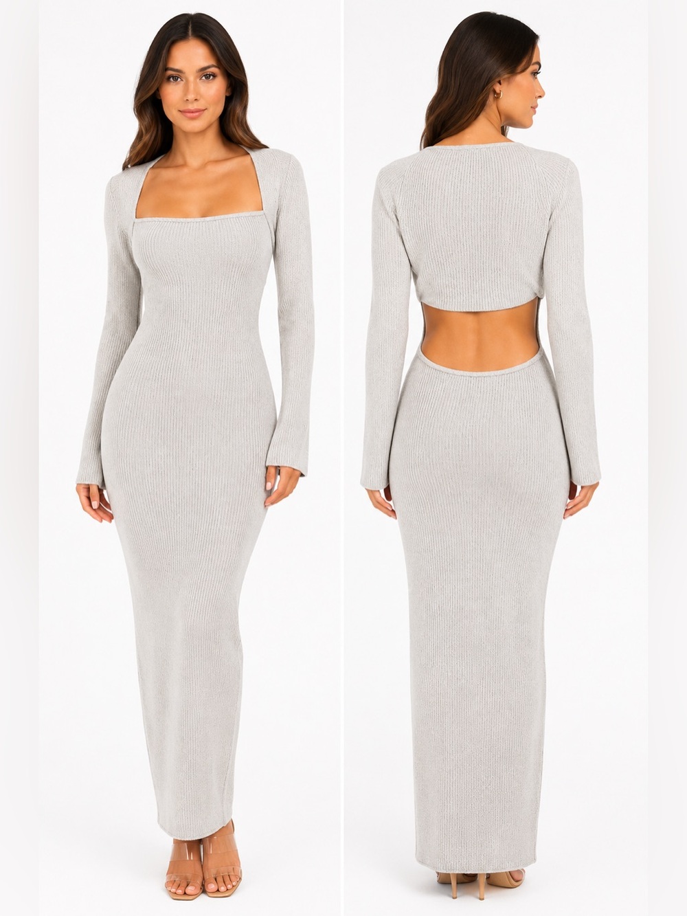 Oh Polly Signe Marl Grey Knit Open Back Bodycon Maxi Dress Size M